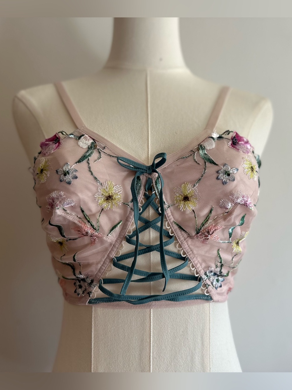 Victoria's Secret Dream Angels Floral Embroidered Corset Top Pink Lace Up Small